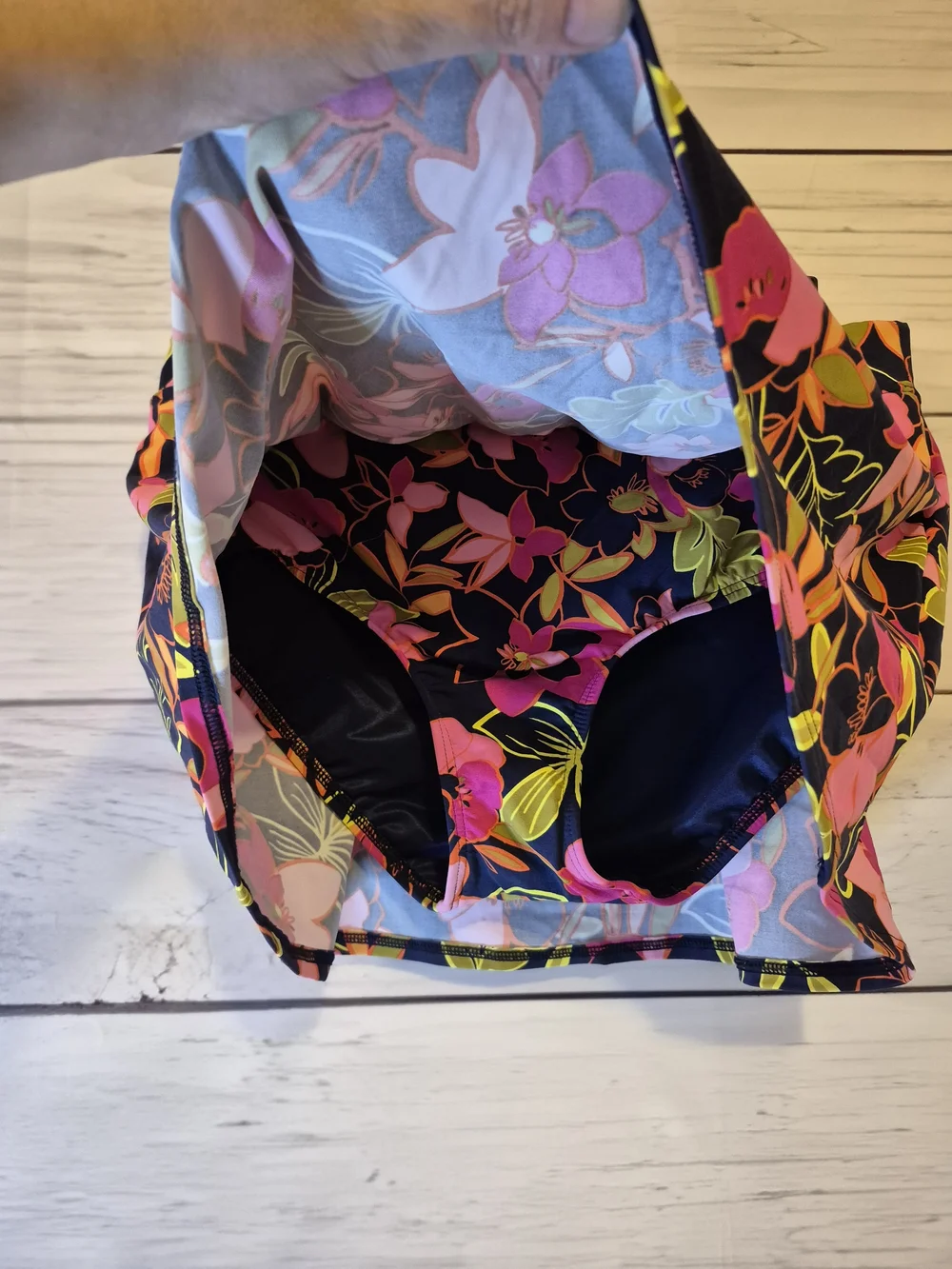 Lands' End Navy Swim Skirt with Pink & Yellow Tropical Floral Print 12 Petite